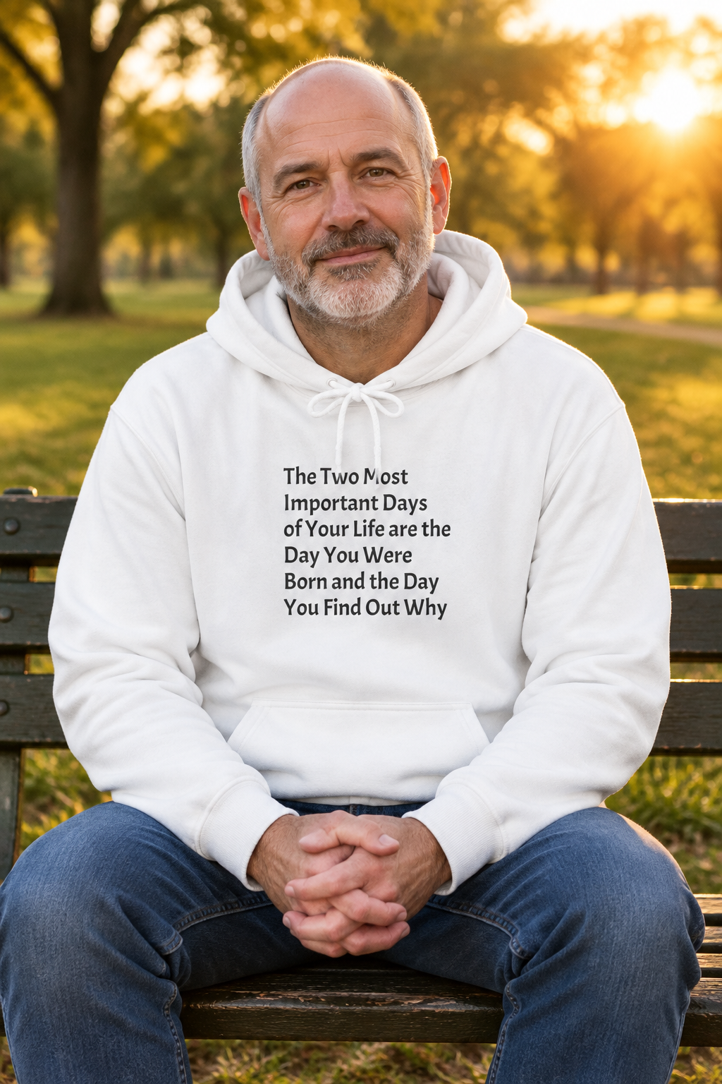 Bearded man on park bench wearing white hoodie with The Two Most Important Days quote