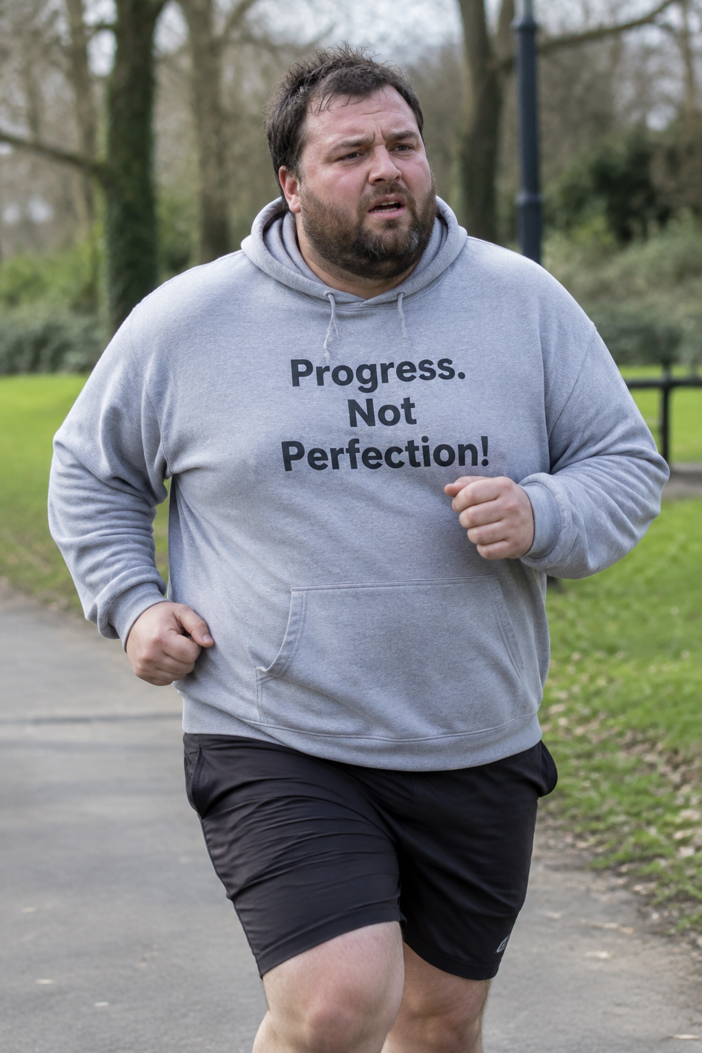 Big-bodied man jogging outdoors wearing a Progress. Not Perfection! hoodie
