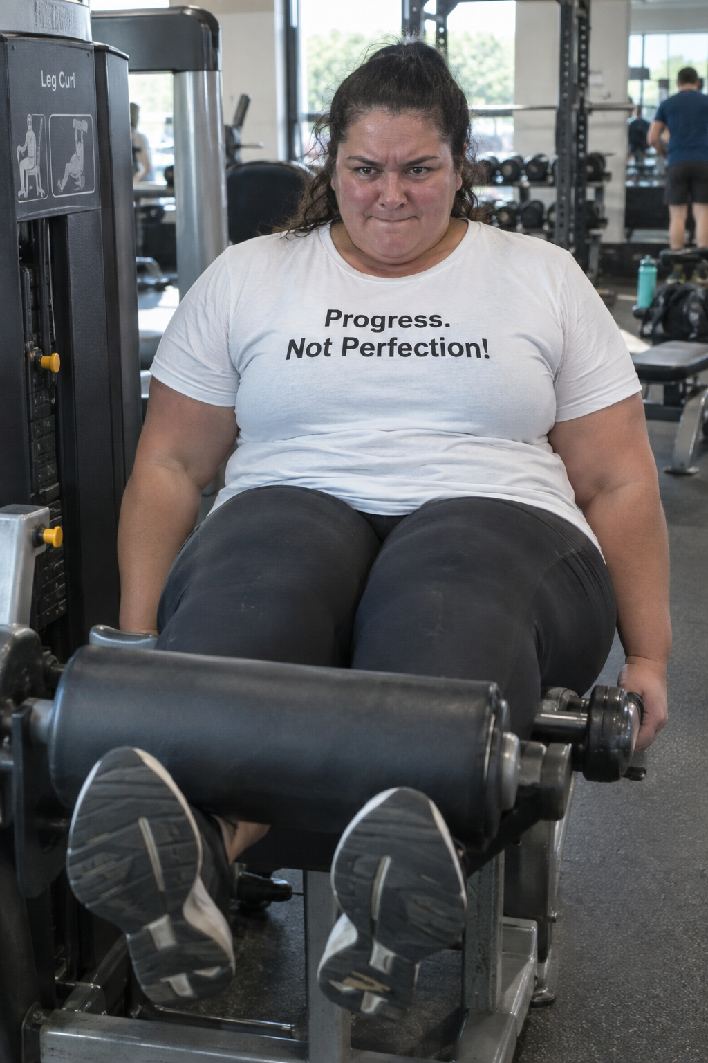 Woman wearing Progress. Not Perfection! shirt doing leg curls at the gym