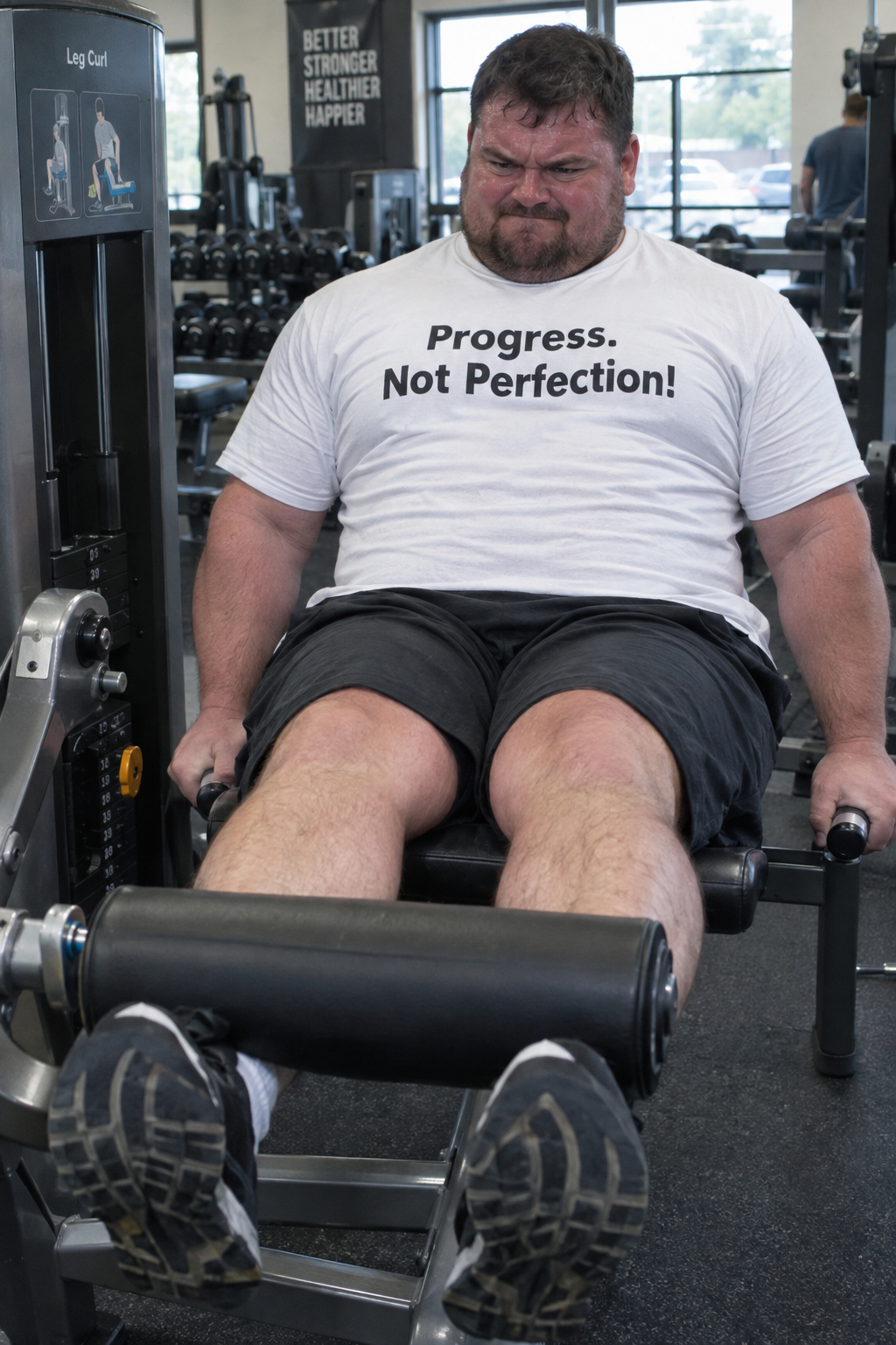 Man wearing Progress. Not Perfection! shirt doing leg curls at the gym