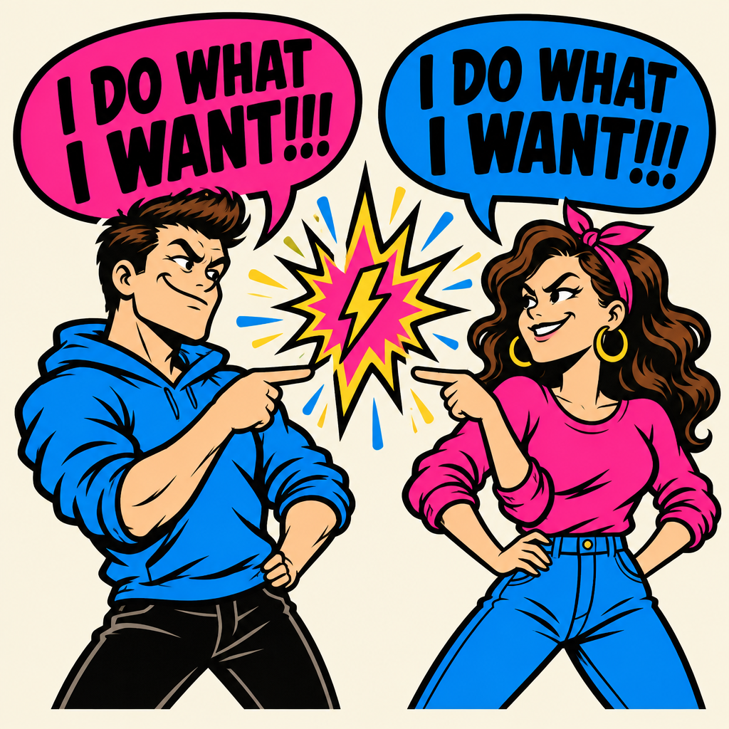 Friendly comic-style man and woman facing off playfully, both saying I Do What I Want